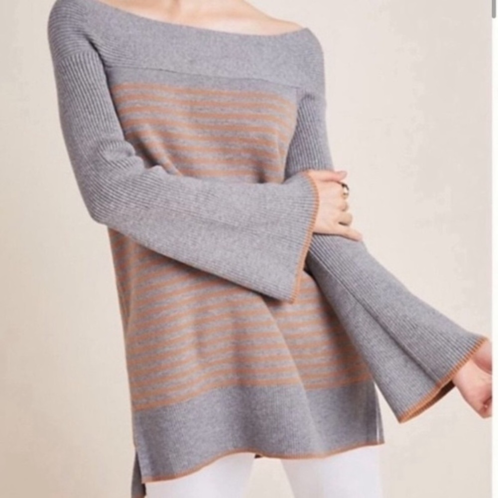 Anthropologie Wide Neck Striped Sweater Tunic High Low Hem Grey & Tan Size XS